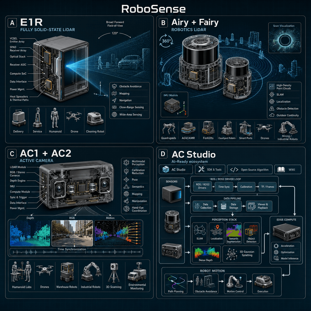 Illustrative square reference-style product map infographic for RoboSense, showing robotics LiDAR, Active Camera products, and the AC Studio AI-Ready developer ecosystem as an engineering handbook page.