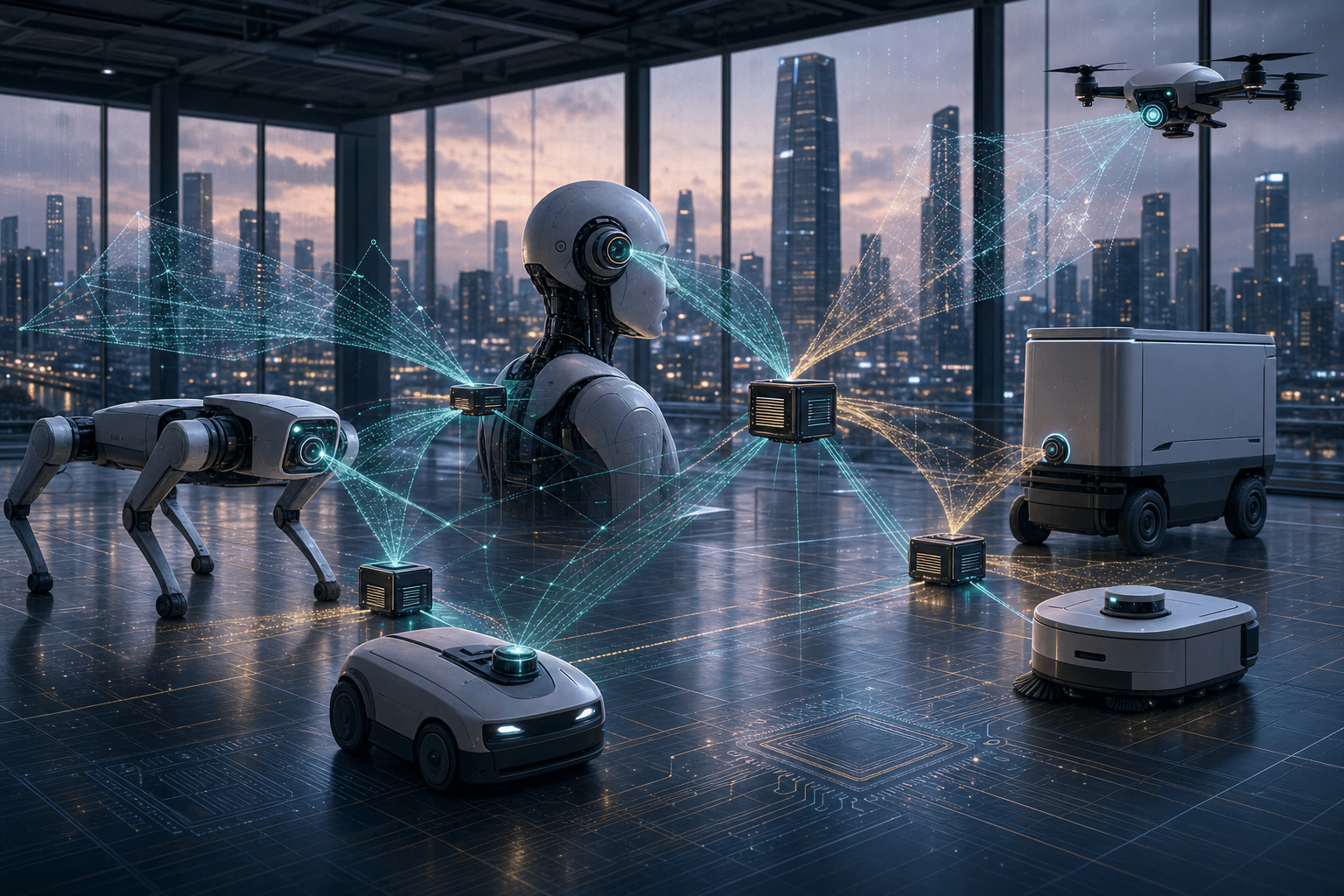 Cinematic concept image of a Shenzhen robotics test hall where unbranded humanoid, quadruped, delivery, cleaning, mower, and drone robots share glowing LiDAR-style point-cloud paths to edge compute blocks.