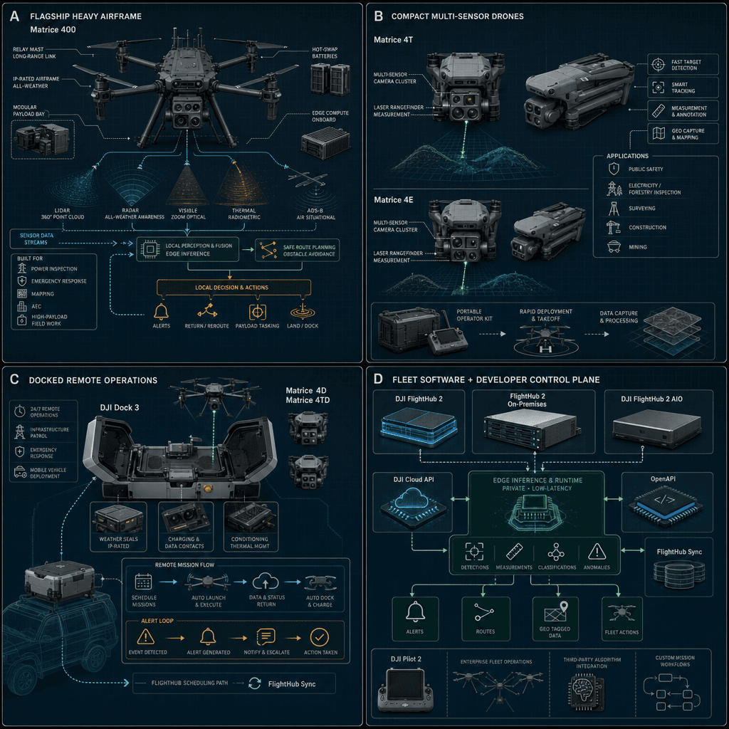Illustrative square reference-style product map infographic for DJI Enterprise, showing flagship aerial platforms, compact multi-sensor drones, docked remote operations, and FlightHub/developer control plane as an engineering handbook page.