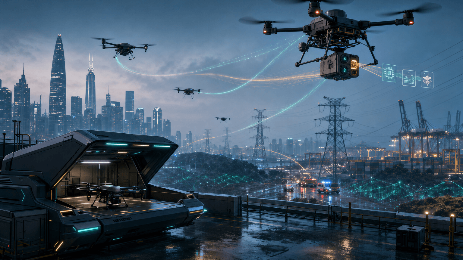 Cinematic concept image of unbranded autonomous drones launching from a rooftop dock over a rainy Shenzhen industrial skyline, with glowing sensor-data trails connecting aerial inspection routes.