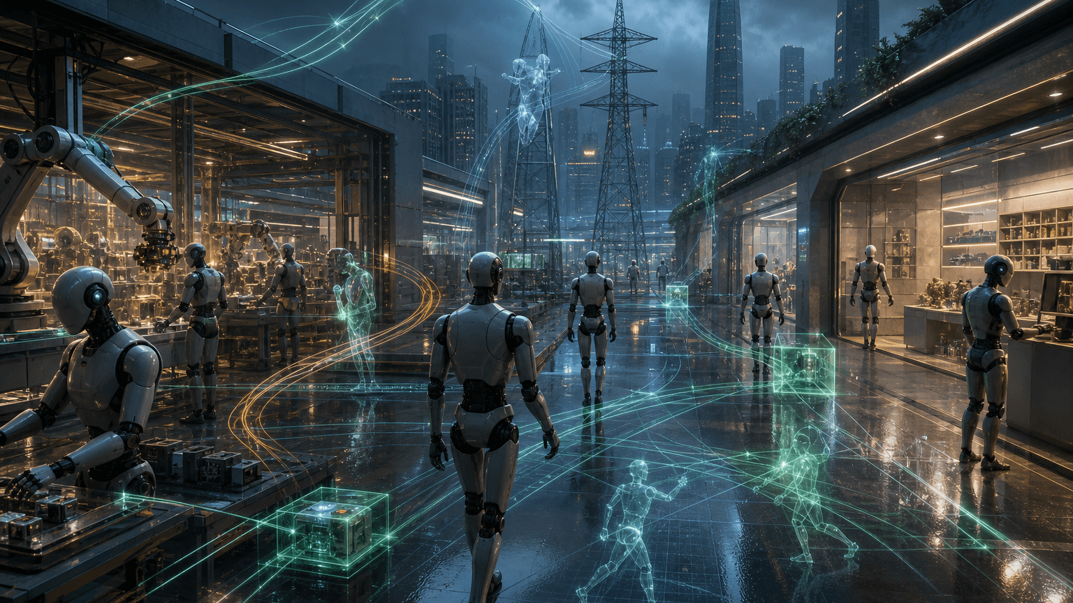 Cinematic concept image of generic unbranded humanoids moving through a rainy Shenzhen robotics training ground while glowing edge-network and imitation-learning paths connect factory, inspection, and service lanes.