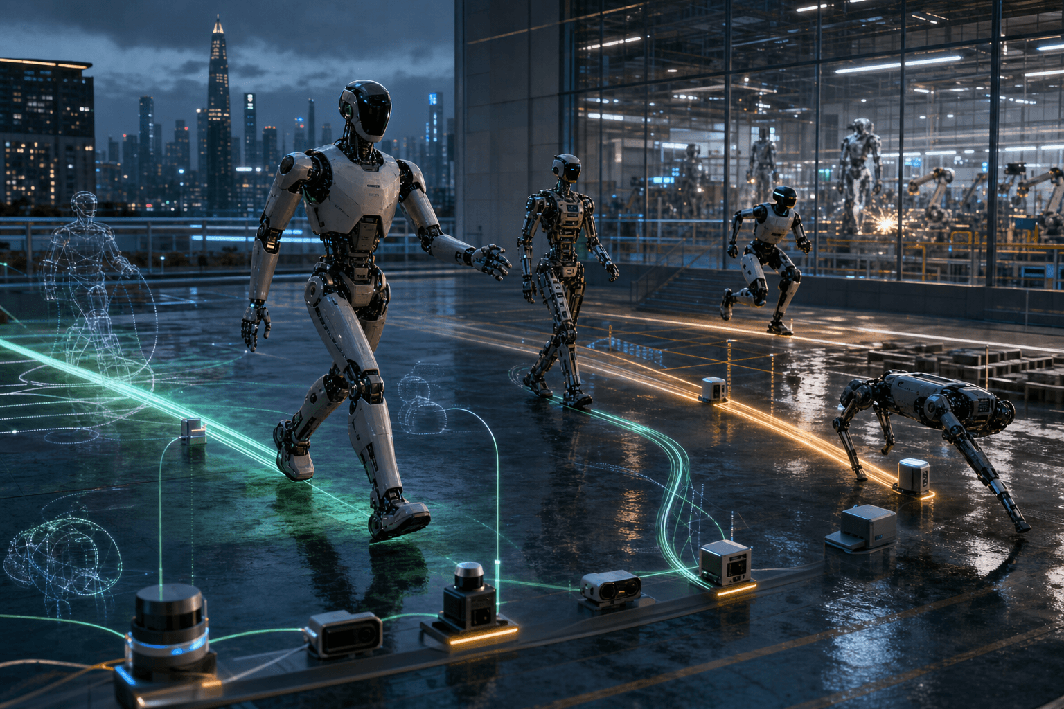 Cinematic concept image of humanoid and quadruped robots moving through a wet Shenzhen testing arena while glowing low-latency inference paths connect their sensors and joints to local edge-compute blocks.