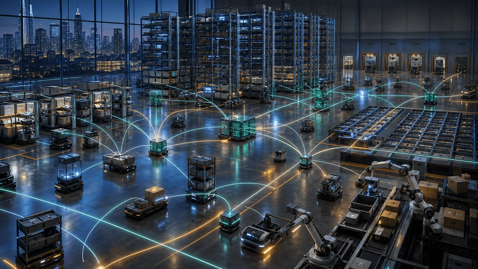Cinematic concept image of a high-bay smart warehouse where generic unbranded AMRs, robotic arms, shelves, totes, pallets, and sorting lanes are linked by glowing edge-inference paths.