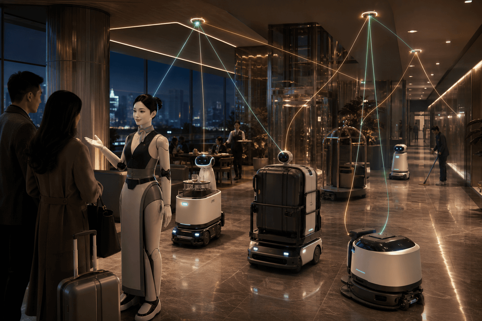 Cinematic concept image of a futuristic hotel lobby where an unbranded humanoid concierge, delivery robots, a luggage carrier, and cleaning robots are coordinated by glowing low-latency edge-inference paths.