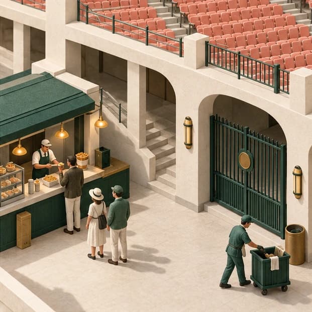 Stadium concourse with a food kiosk, spectators, a cleaning worker and a gated upper tier