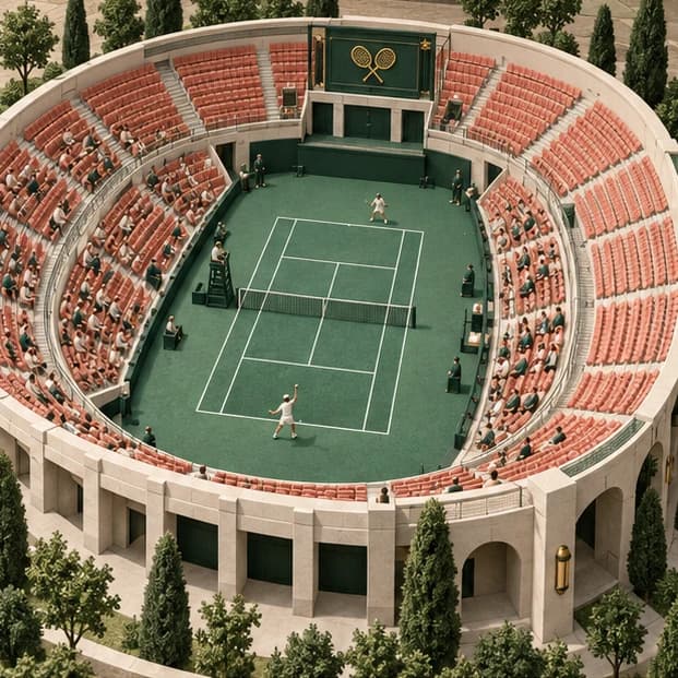 Illustrated miniature tennis stadium with occupied coral seats on one side and broad empty tiers on the other