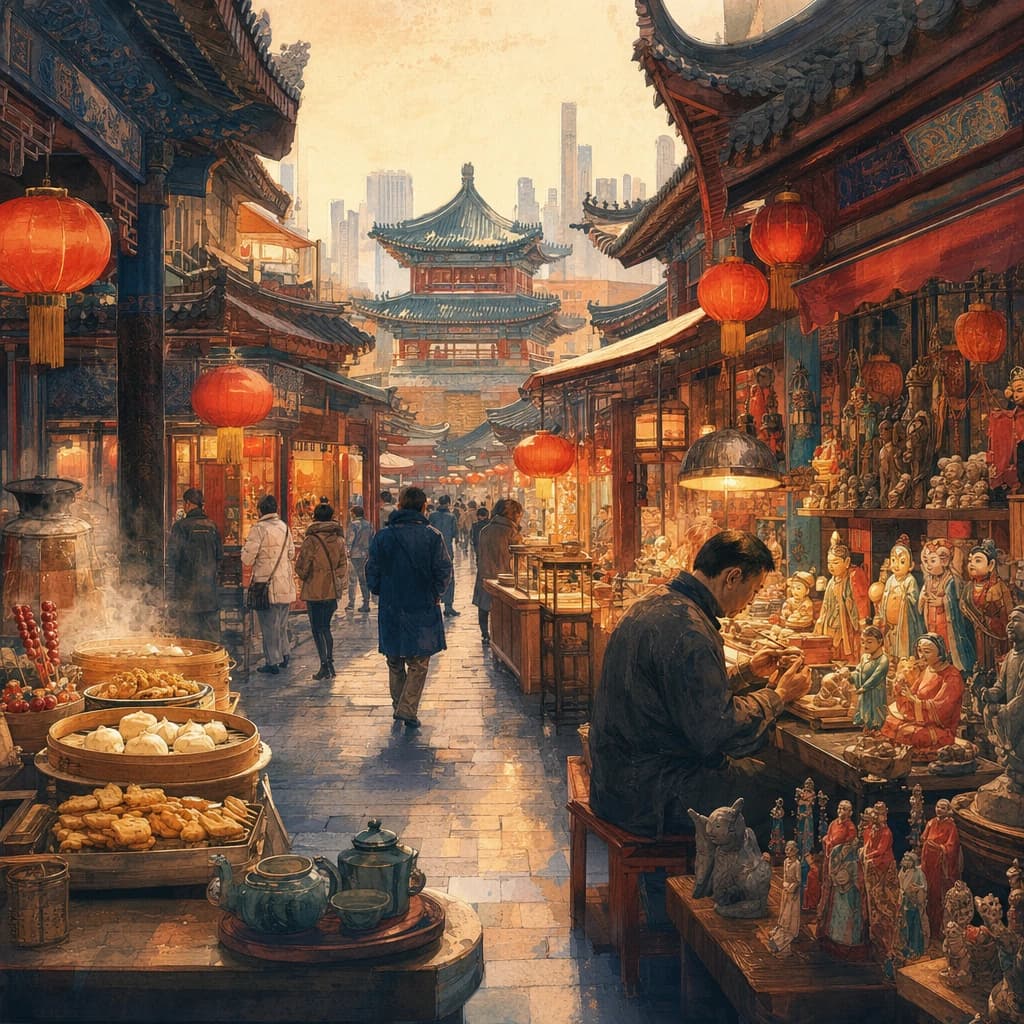 Illustrated Tianjin Ancient Culture Street with Qing-style roofs, lanterns, craft stalls, tea steam, and snack counters