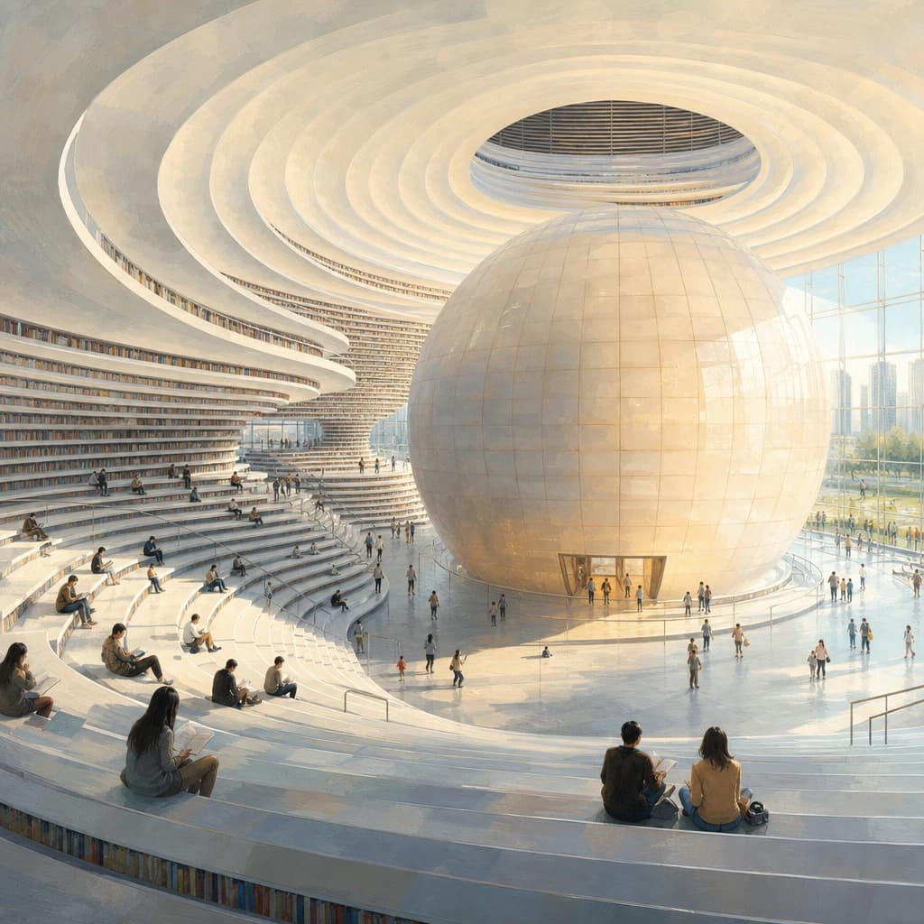 Illustrated futuristic white terraced Tianjin Binhai Library interior with glowing spherical auditorium