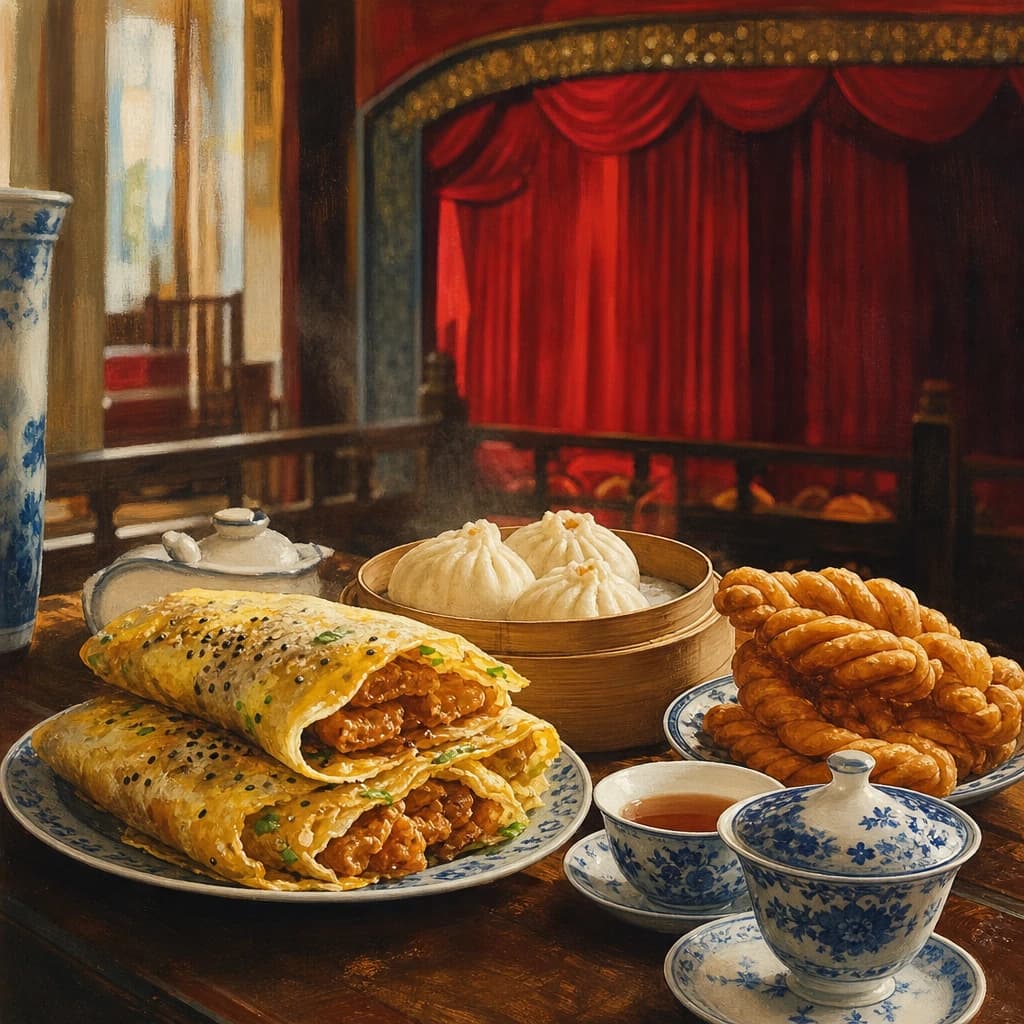Illustrated Tianjin breakfast table with jianbing guozi, steamed buns, mahua twists, tea cups, and teahouse stage curtains
