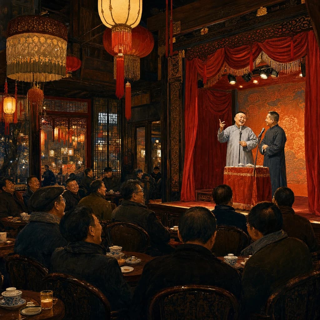 Illustrated Tianjin crosstalk teahouse with red stage curtains, tea cups, amber lamps, and audience silhouettes