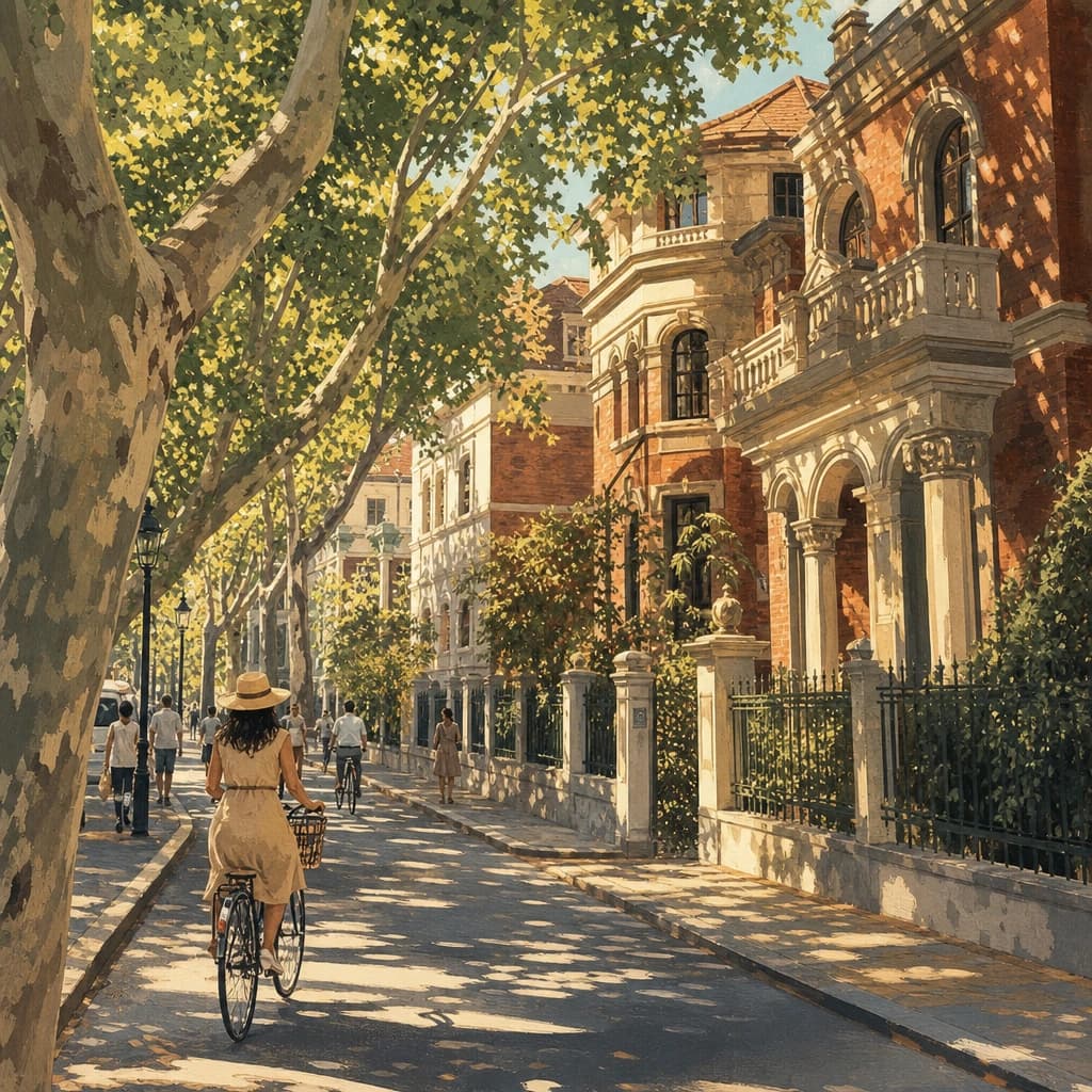 Illustrated shaded Tianjin Five Great Avenues street with European-style brick villas and bicycles