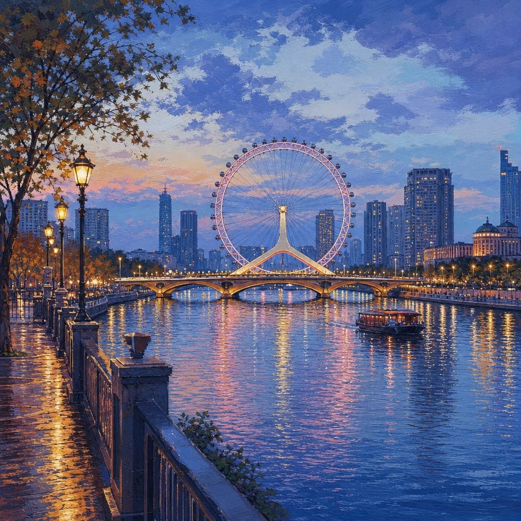 Illustrated Haihe River evening skyline with Tianjin Eye ferris wheel and bridge reflections