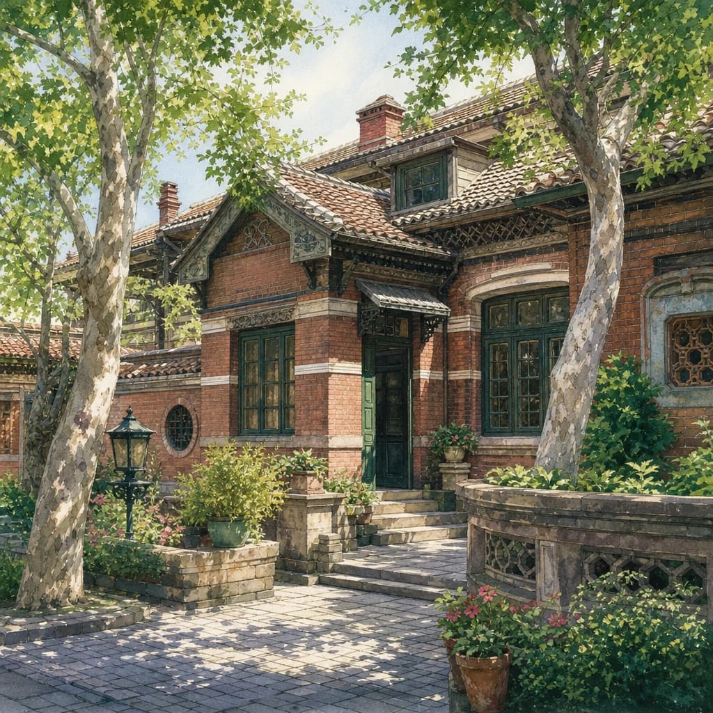 Illustrated Jingyuan Garden former residence courtyard with brick villa, trees, and quiet path