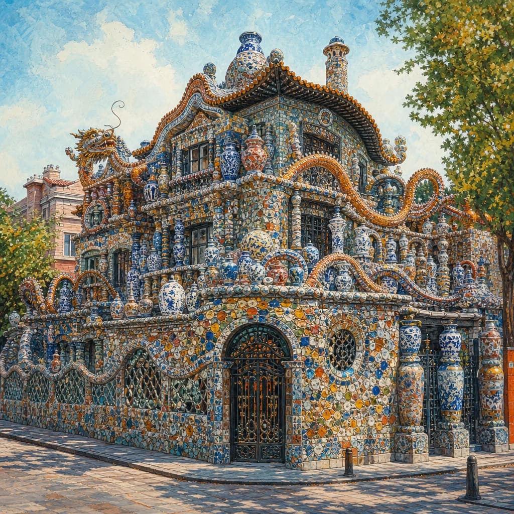 Illustrated Tianjin Porcelain House exterior with mosaic porcelain decoration and patterned facade