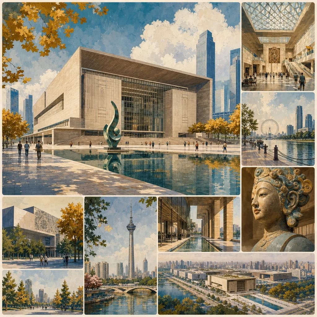Illustrated Tianjin Museum and Cultural Center with modern civic geometry, reflecting pool, plaza, and museum forms