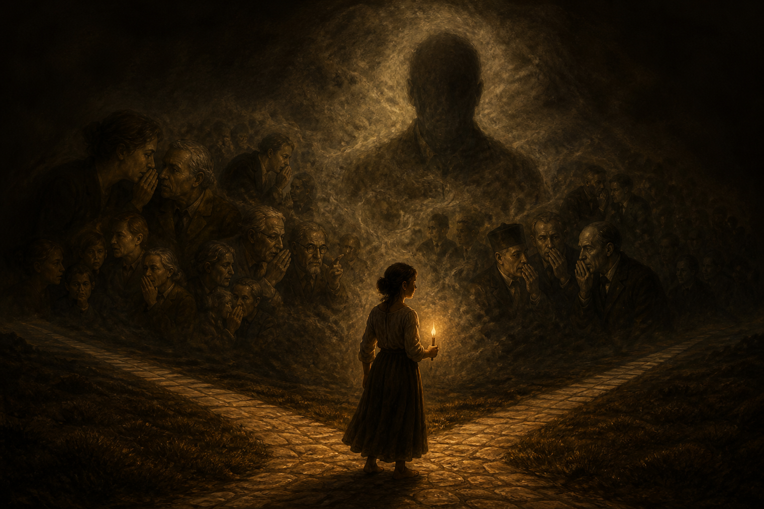 A woman at a crossroads beneath inherited voices