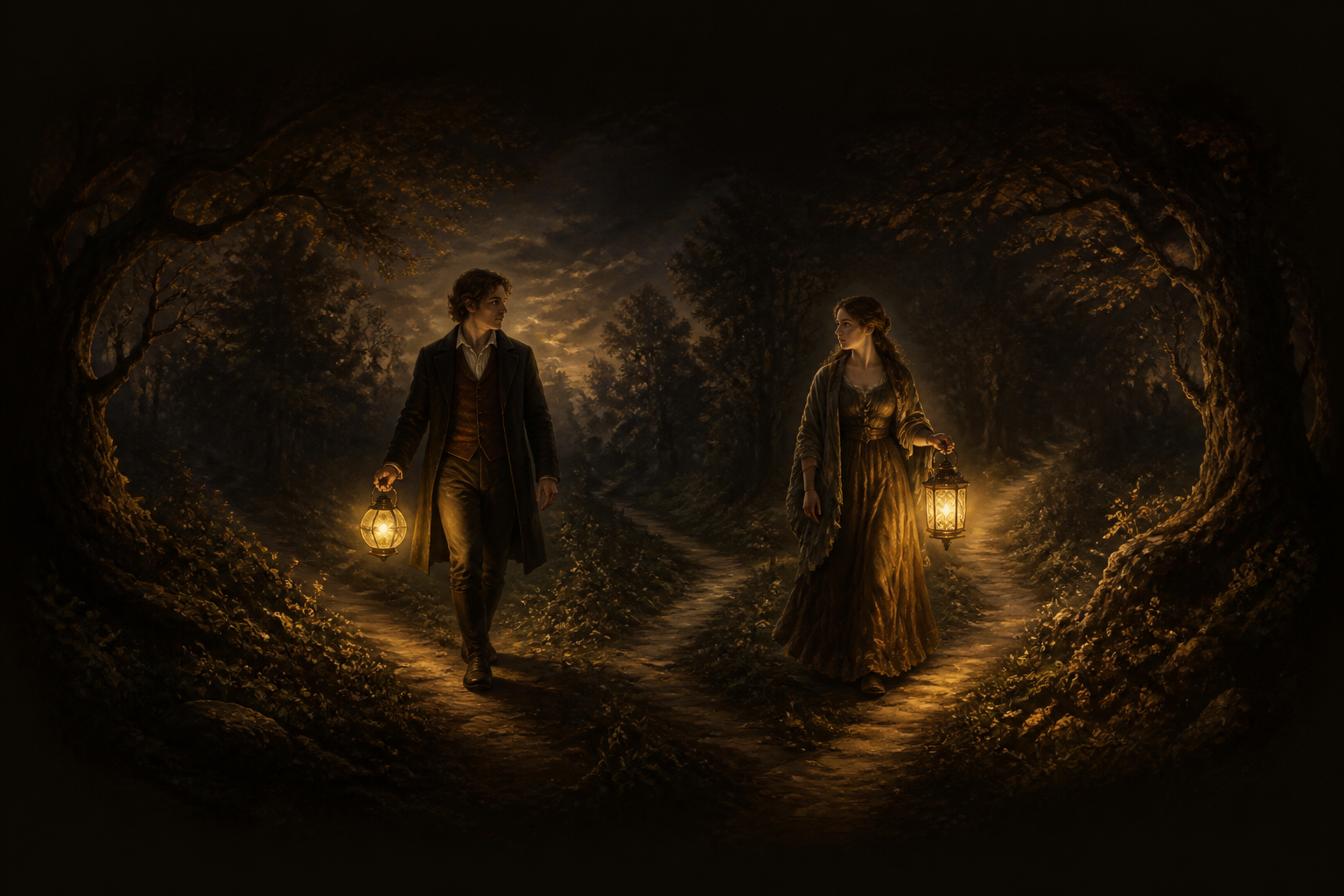 Two equals walking with separate lights