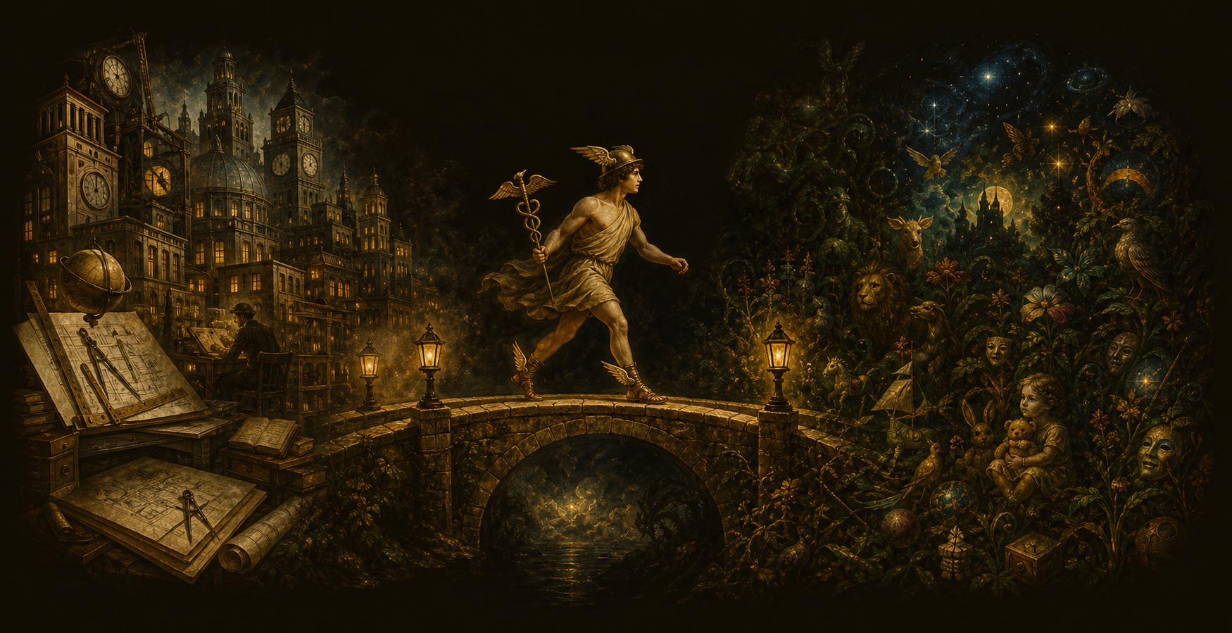 Hermes crossing a bridge between two worlds