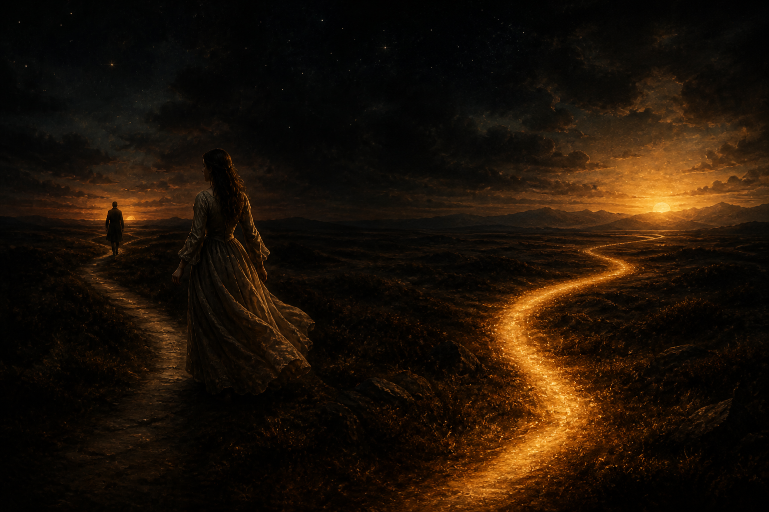 Two paths opening beneath a woman