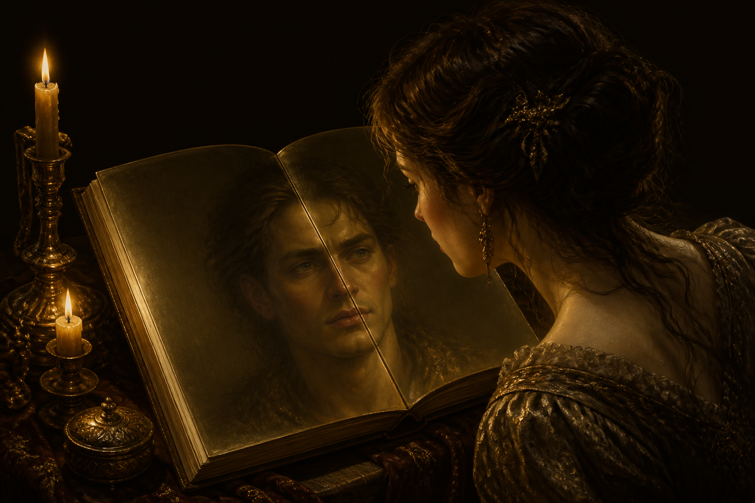 A woman meeting an adopted worldview in a mirror-book