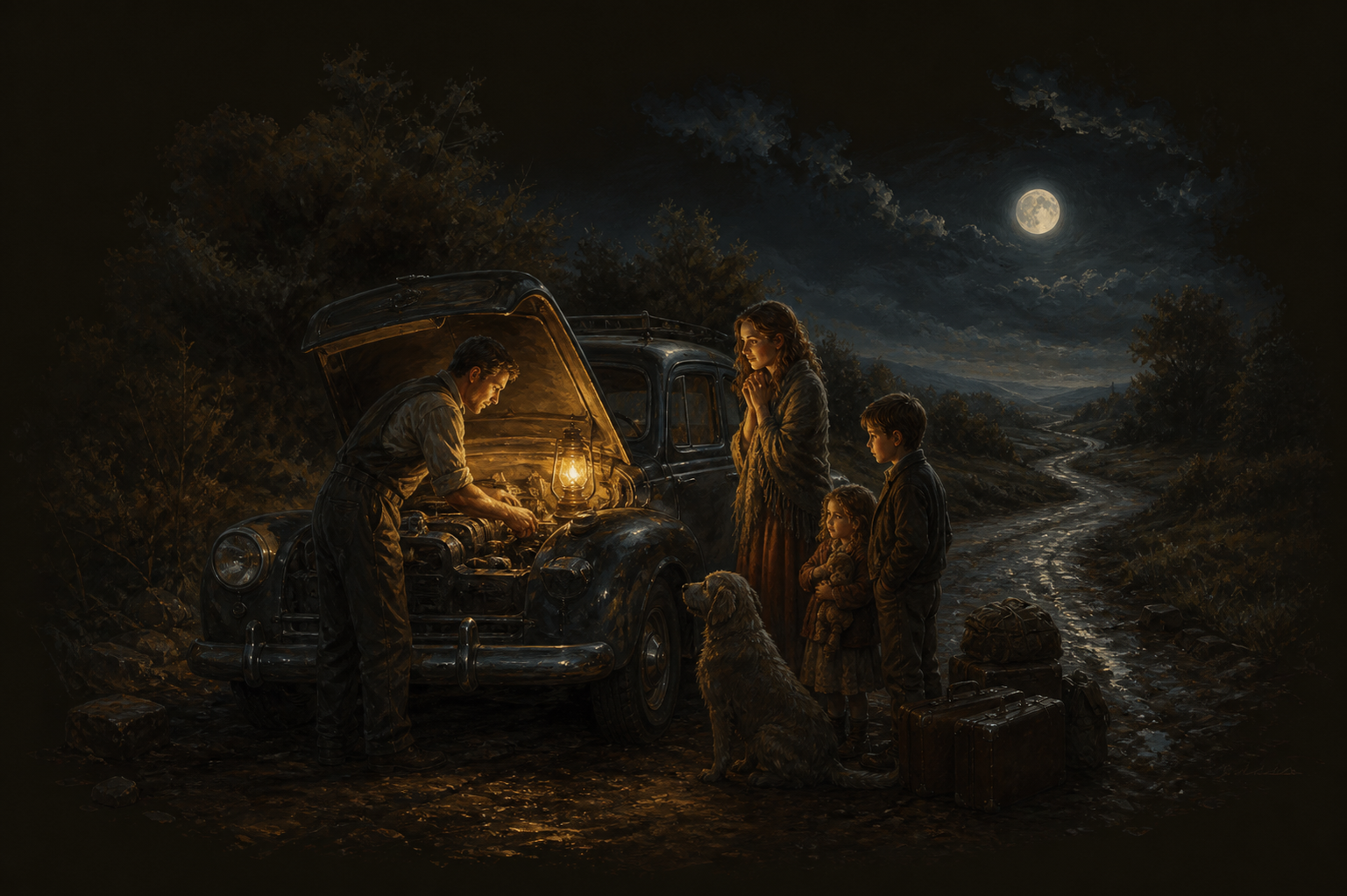 A calm man repairing a car at night